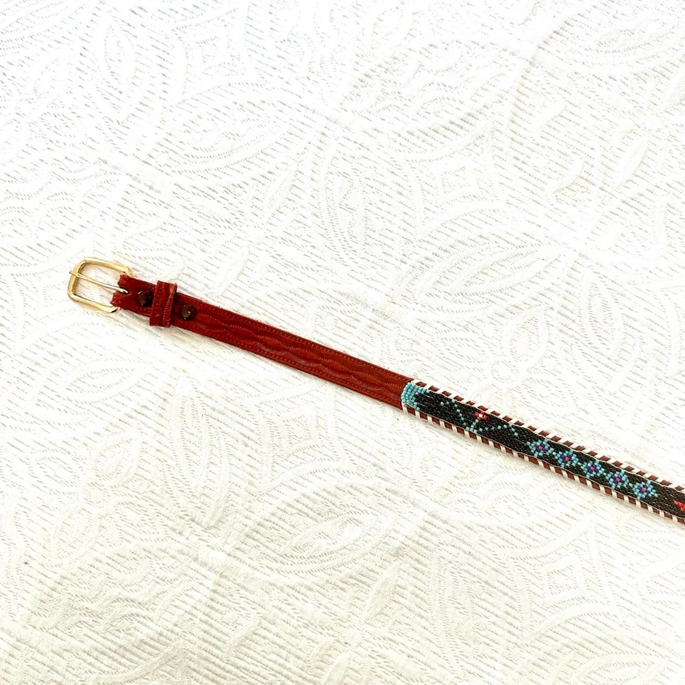 Vintage Brown Leather Belt with Multicolor Beadwork